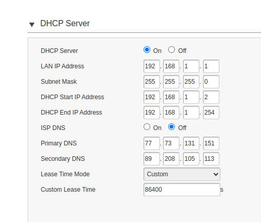 Screenshot of router's DHCP config, with malicious DNS servers configured
